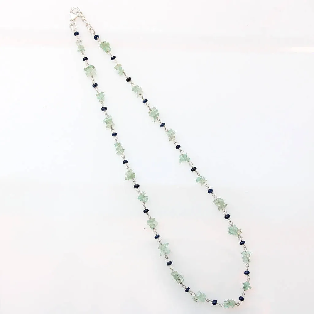 BLUE SAPPHIRE EMERALD Gemstones Raw Uncut Beads : Natural Emerald Blue Sapphire Sterling Silver Chain Necklace 16" Gift For Her