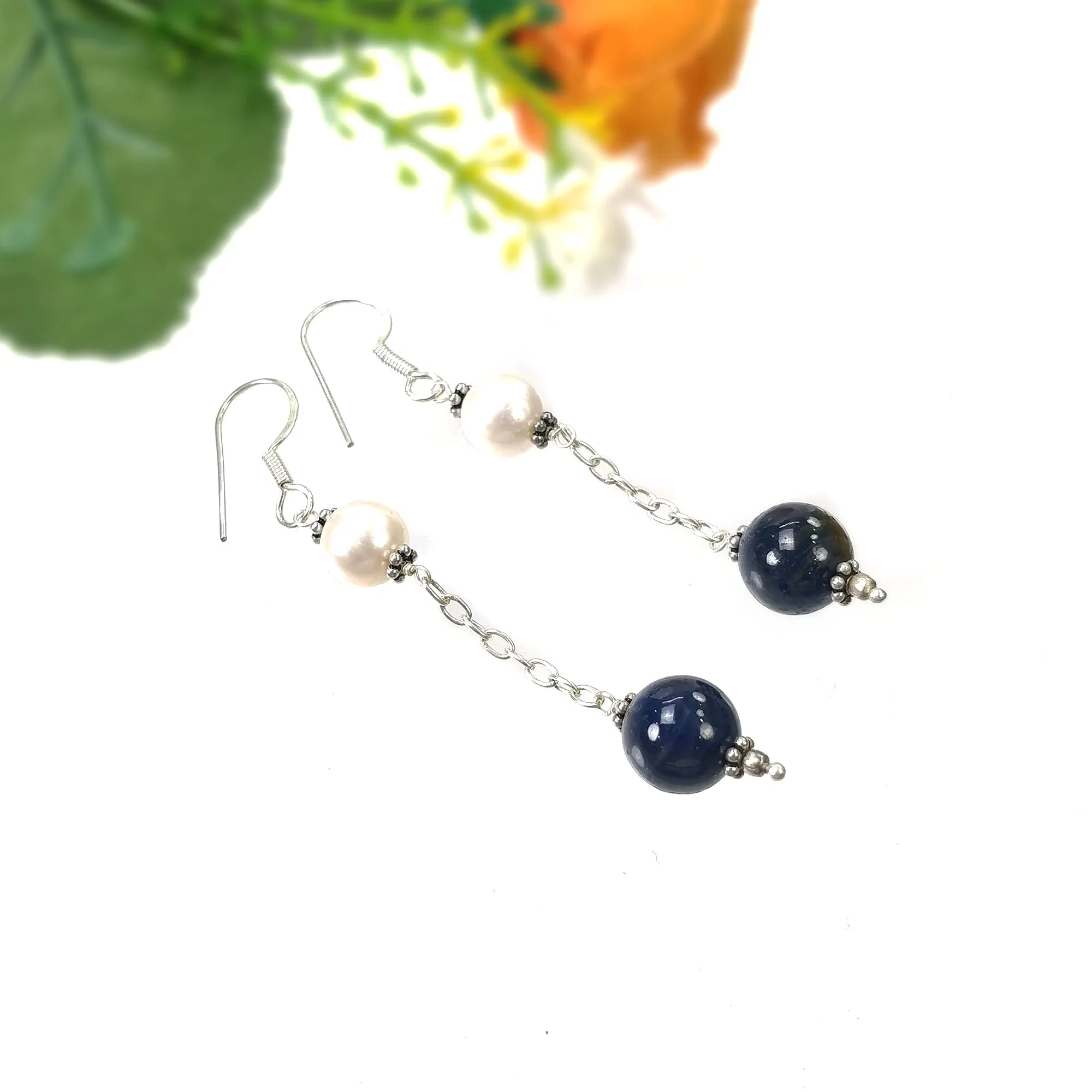 BLUE SAPPHIRE Gemstone 925 Sterling Silver Beaded Earrings : 7.44gms Natural Pearl Untreated Drop Dangle Hook Earrings 2.85"