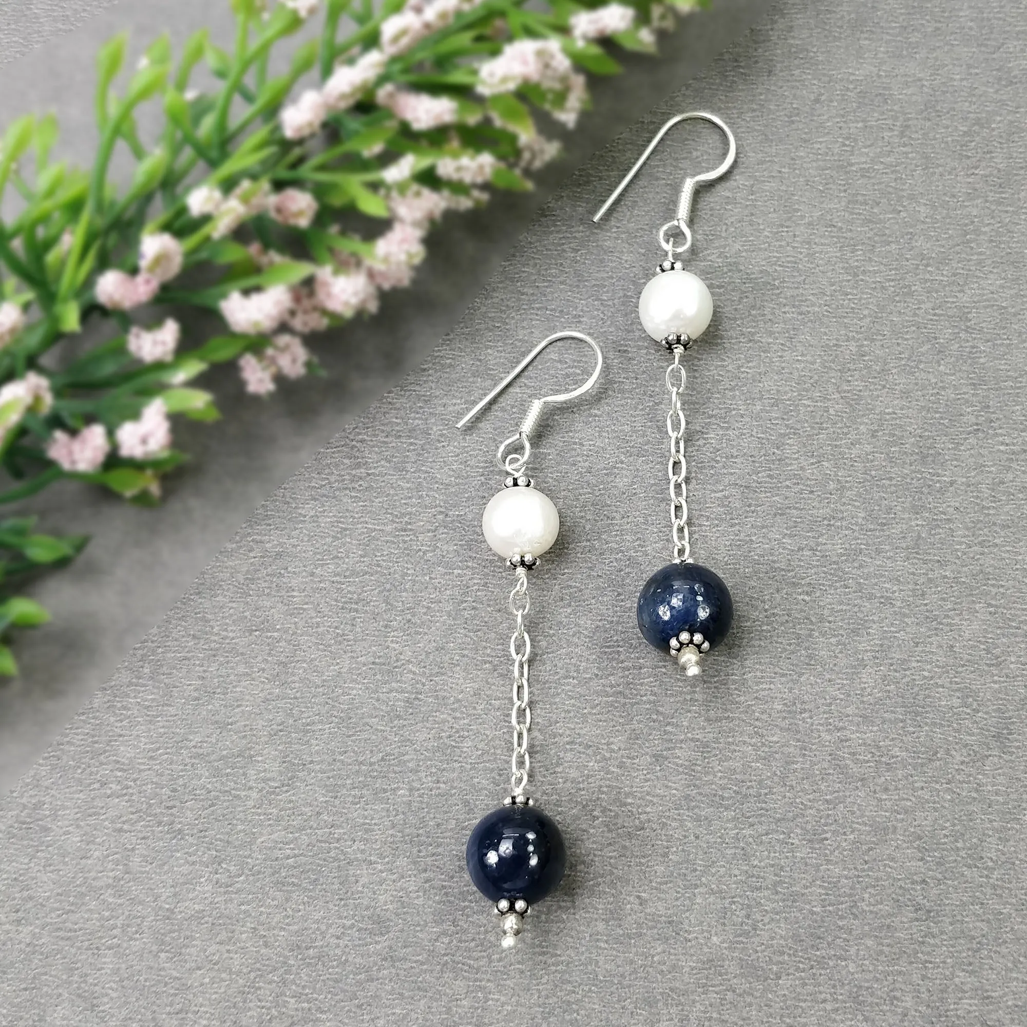 BLUE SAPPHIRE Gemstone 925 Sterling Silver Beaded Earrings : 7.44gms Natural Pearl Untreated Drop Dangle Hook Earrings 2.85"