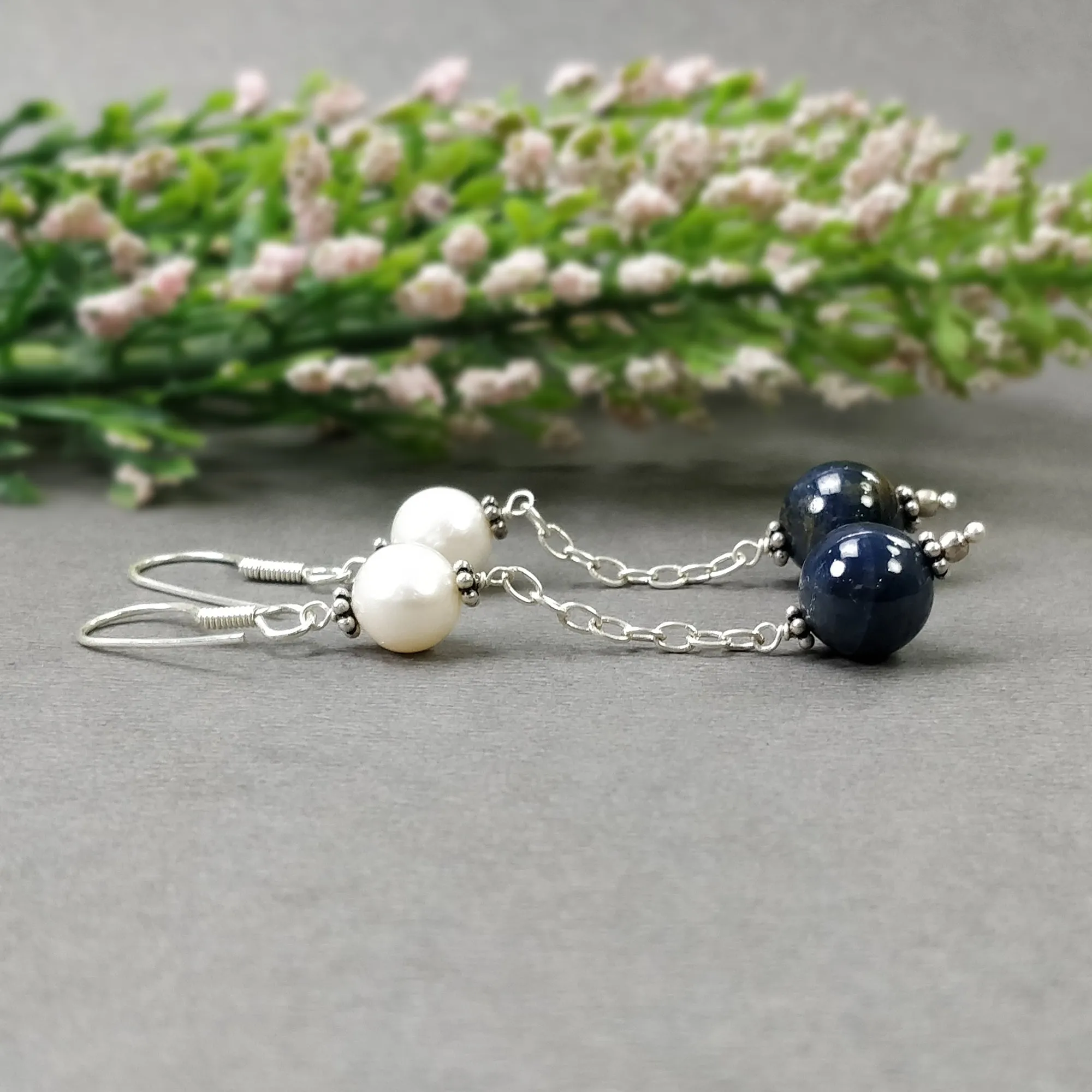 BLUE SAPPHIRE Gemstone 925 Sterling Silver Beaded Earrings : 7.44gms Natural Pearl Untreated Drop Dangle Hook Earrings 2.85"