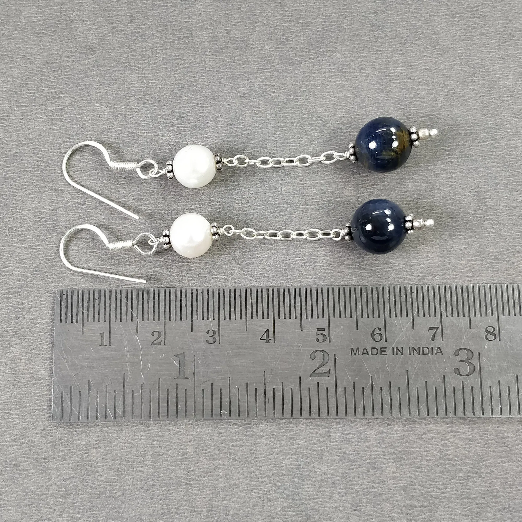 BLUE SAPPHIRE Gemstone 925 Sterling Silver Beaded Earrings : 7.44gms Natural Pearl Untreated Drop Dangle Hook Earrings 2.85"