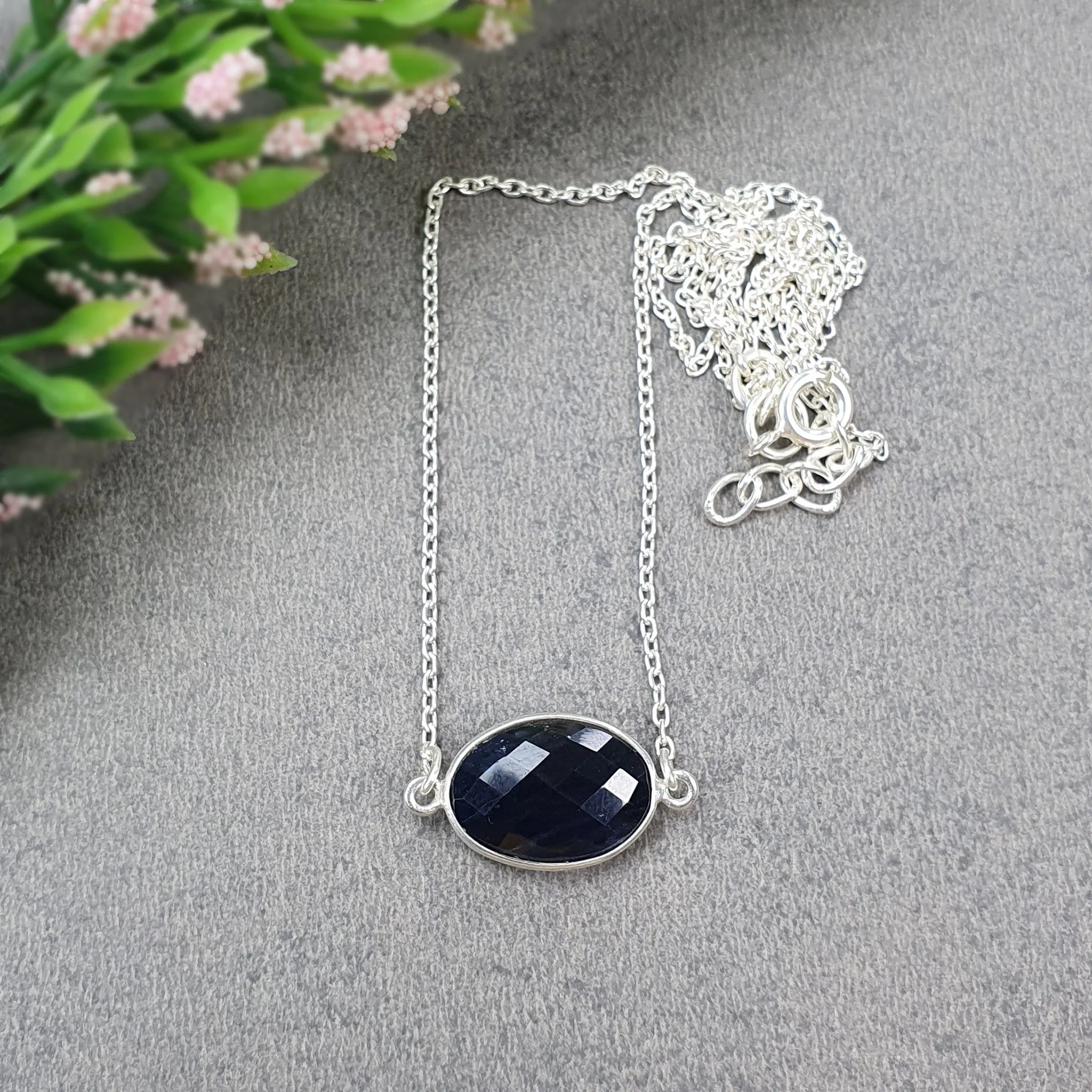 BLUE SAPPHIRE Gemstone Necklace : 18" 925 Sterling Silver Natural Sapphire Checker Cut Oval Shape Silver Chain Necklace For Women