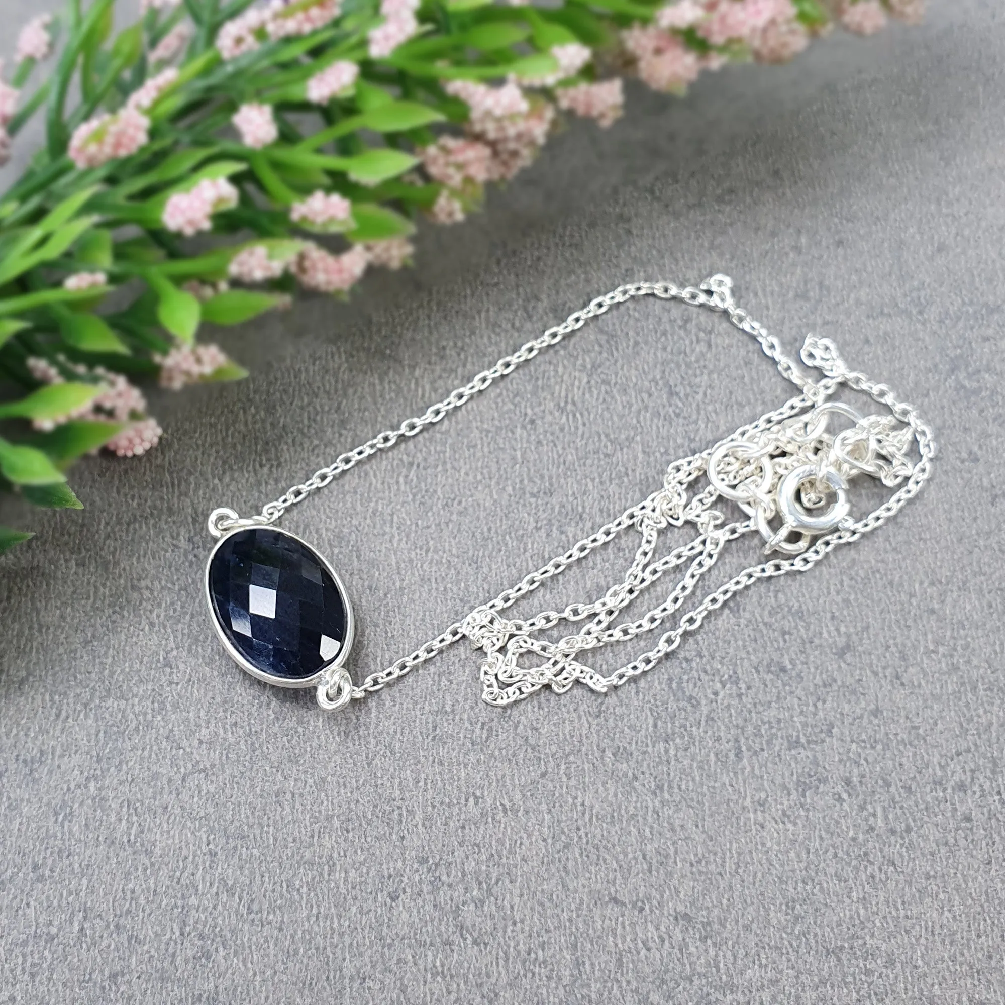 BLUE SAPPHIRE Gemstone Necklace : 18" 925 Sterling Silver Natural Sapphire Checker Cut Oval Shape Silver Chain Necklace For Women