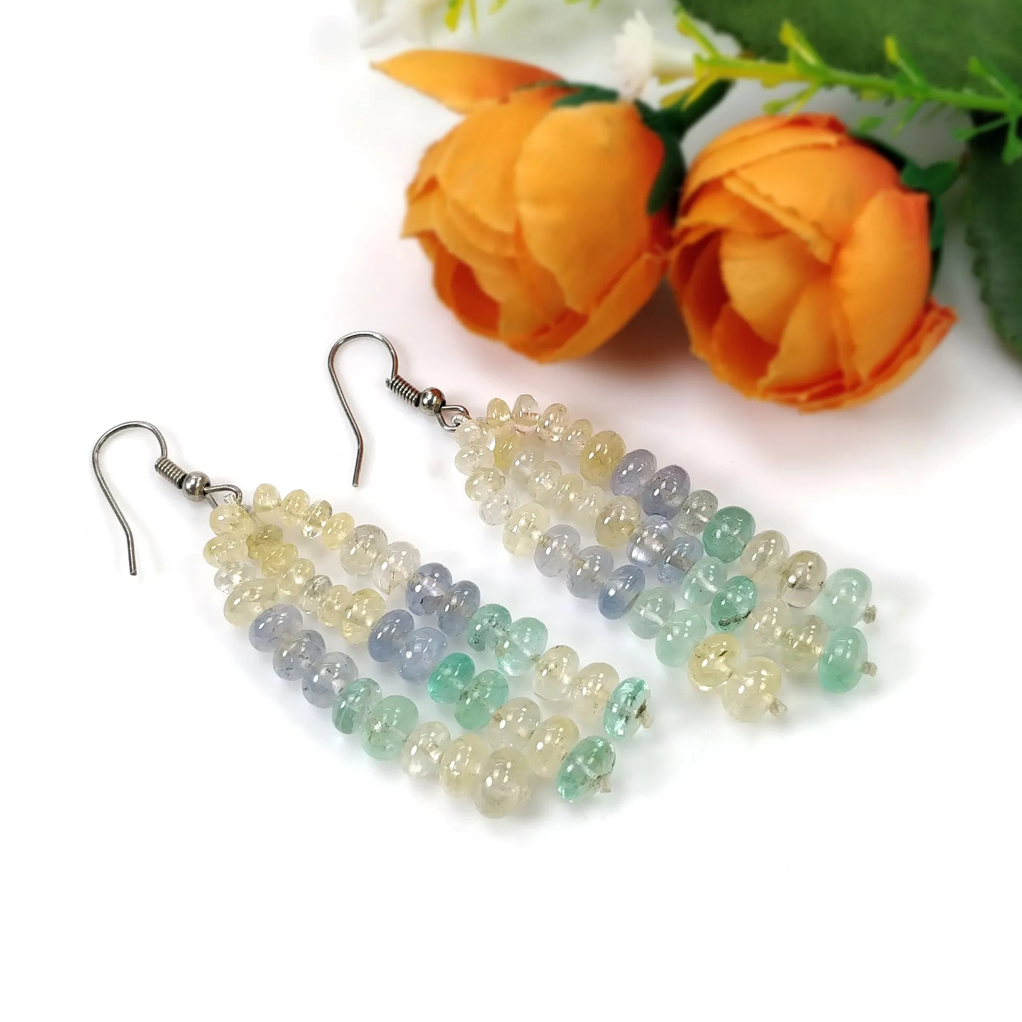 Blue Yellow SAPPHIRE & Emerald Gemstone Earring: 86.15gms Natural Sapphire 925 Sterling Silver Round Beaded Earring 2.5"