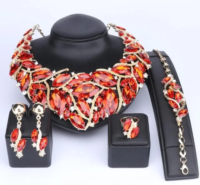 Bohemia Crystal Necklace, Bracelet, Earrings & Ring Wedding Statement Jewelry Set