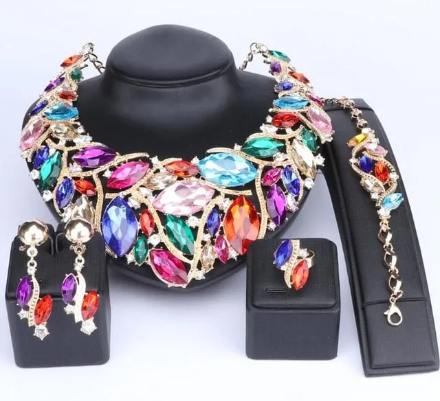 Bohemia Crystal Necklace, Bracelet, Earrings & Ring Wedding Statement Jewelry Set