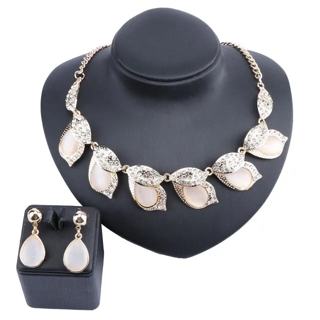 Cat's Eye and Crystal Leaves Necklace & Earrings Wedding Jewelry Set