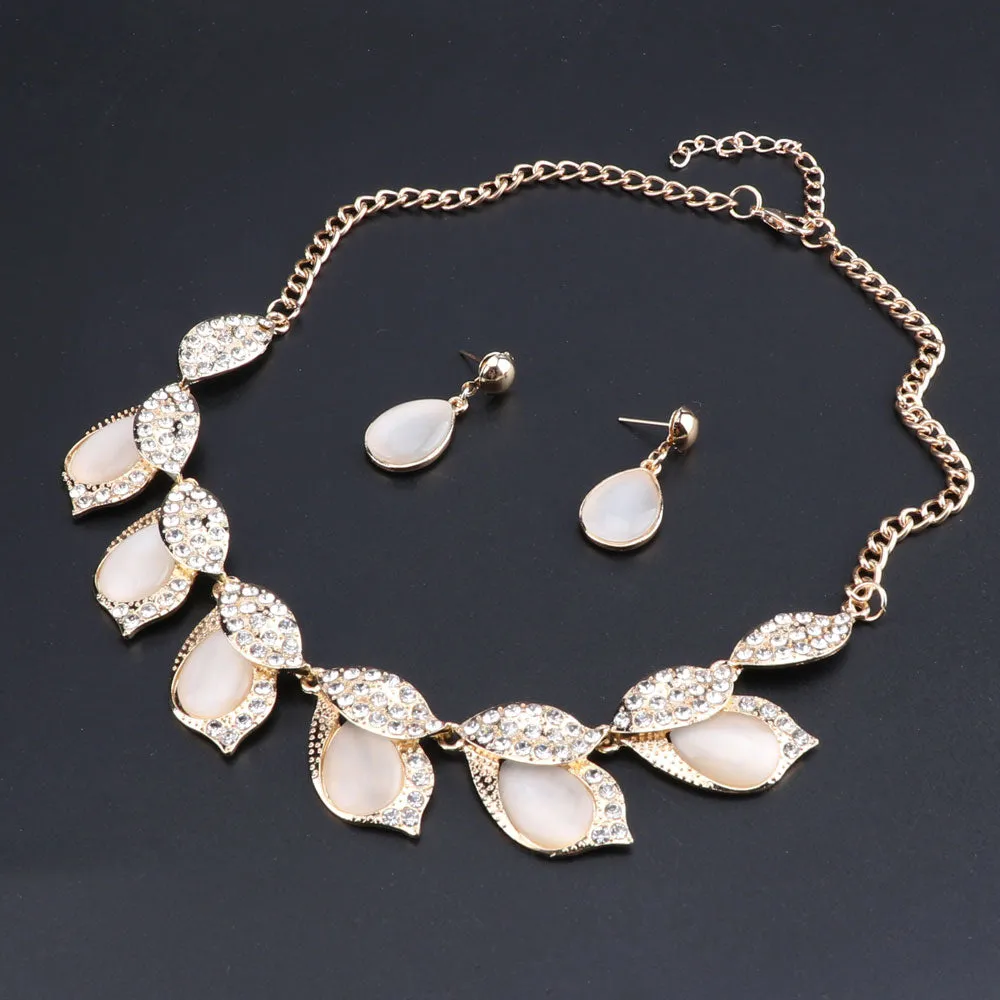 Cat's Eye and Crystal Leaves Necklace & Earrings Wedding Jewelry Set