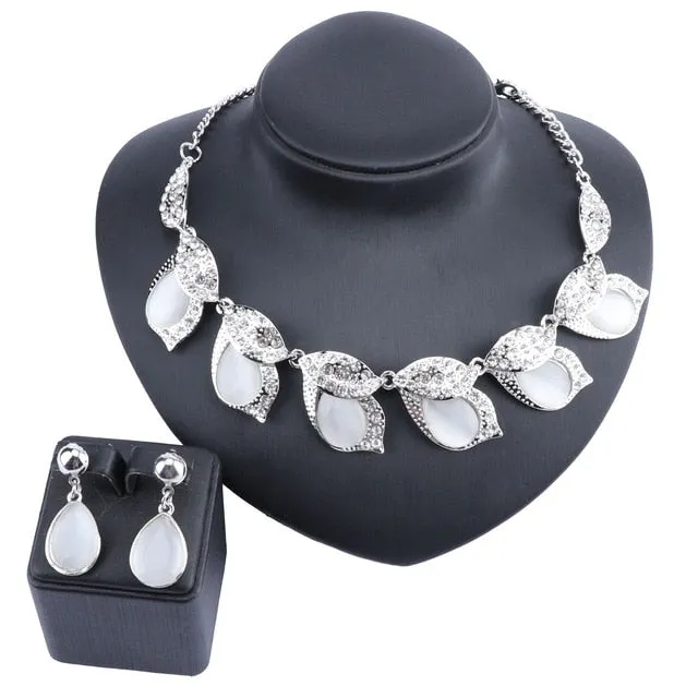 Cat's Eye and Crystal Leaves Necklace & Earrings Wedding Jewelry Set