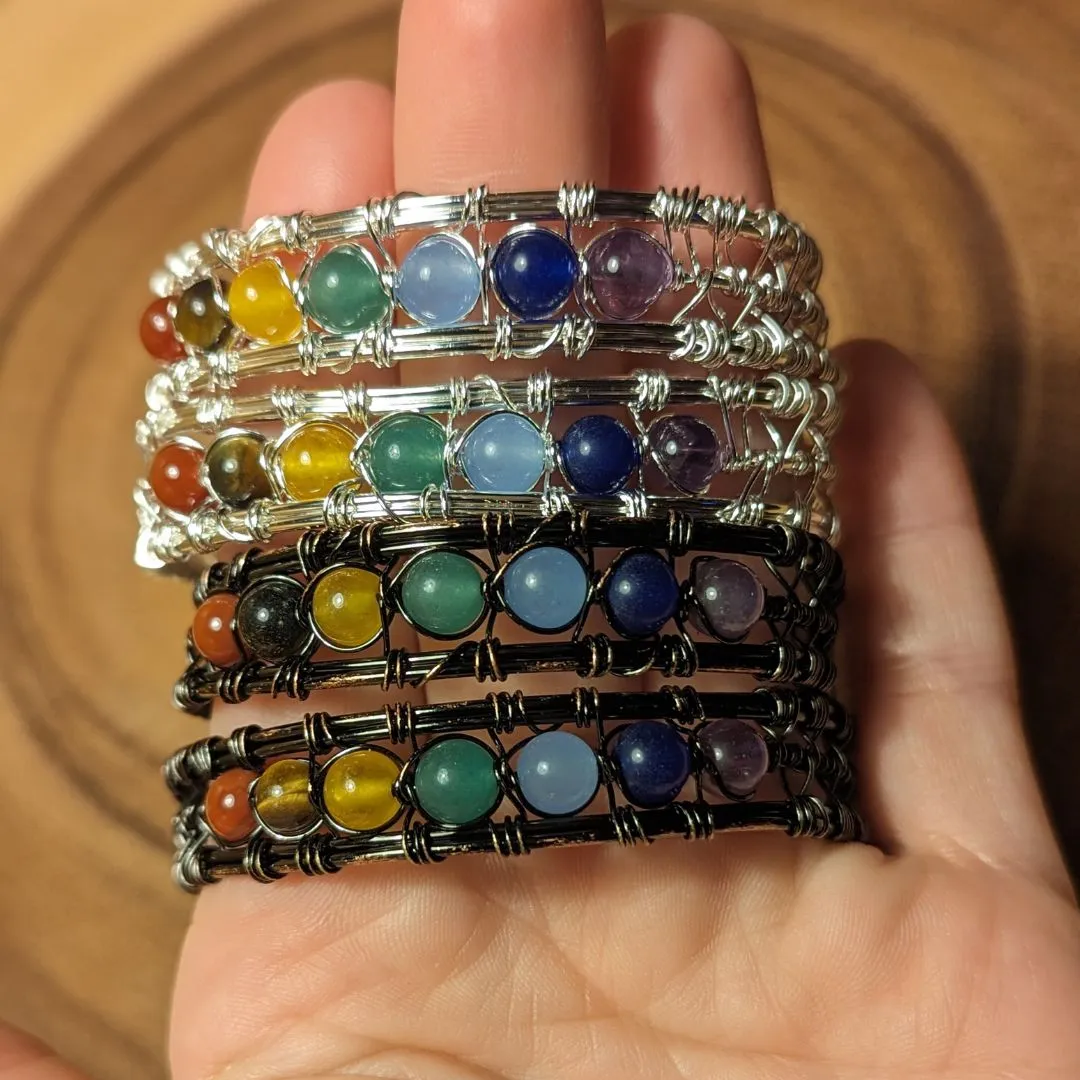 Chakra Stone Bracelet Wire Wrapped Cuff Design~ Beaded Jewelry made by Hand~ Tucson Unboxing!