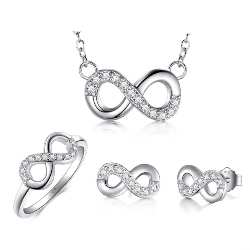 Classic Infinity Cubic Zirconia 925 Sterling Silver Necklace, Stud Earrings & Ring Fashion Jewelry Set