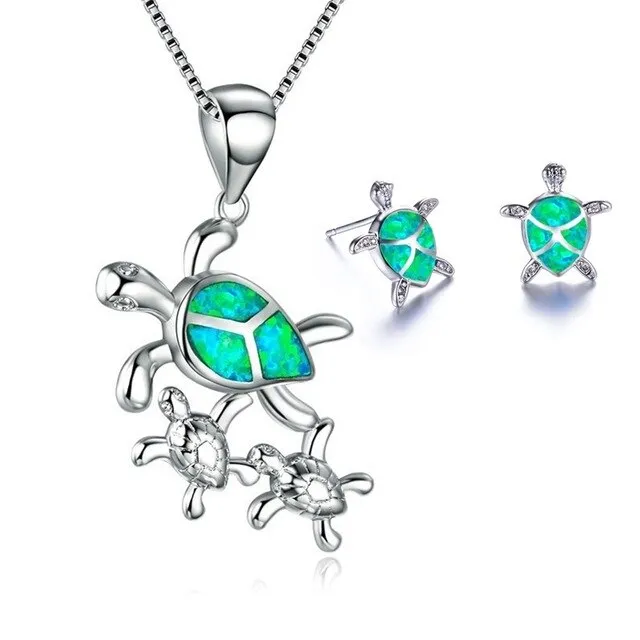 Classic Turtle Fire Opal Necklace & Stud Earrings Trendy Fashion Jewelry Set