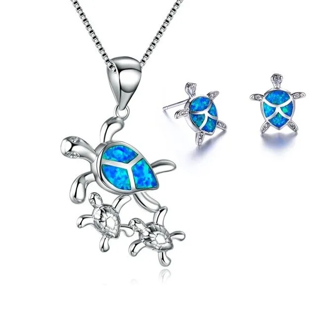 Classic Turtle Fire Opal Necklace & Stud Earrings Trendy Fashion Jewelry Set