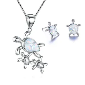 Classic Turtle Fire Opal Necklace & Stud Earrings Trendy Fashion Jewelry Set