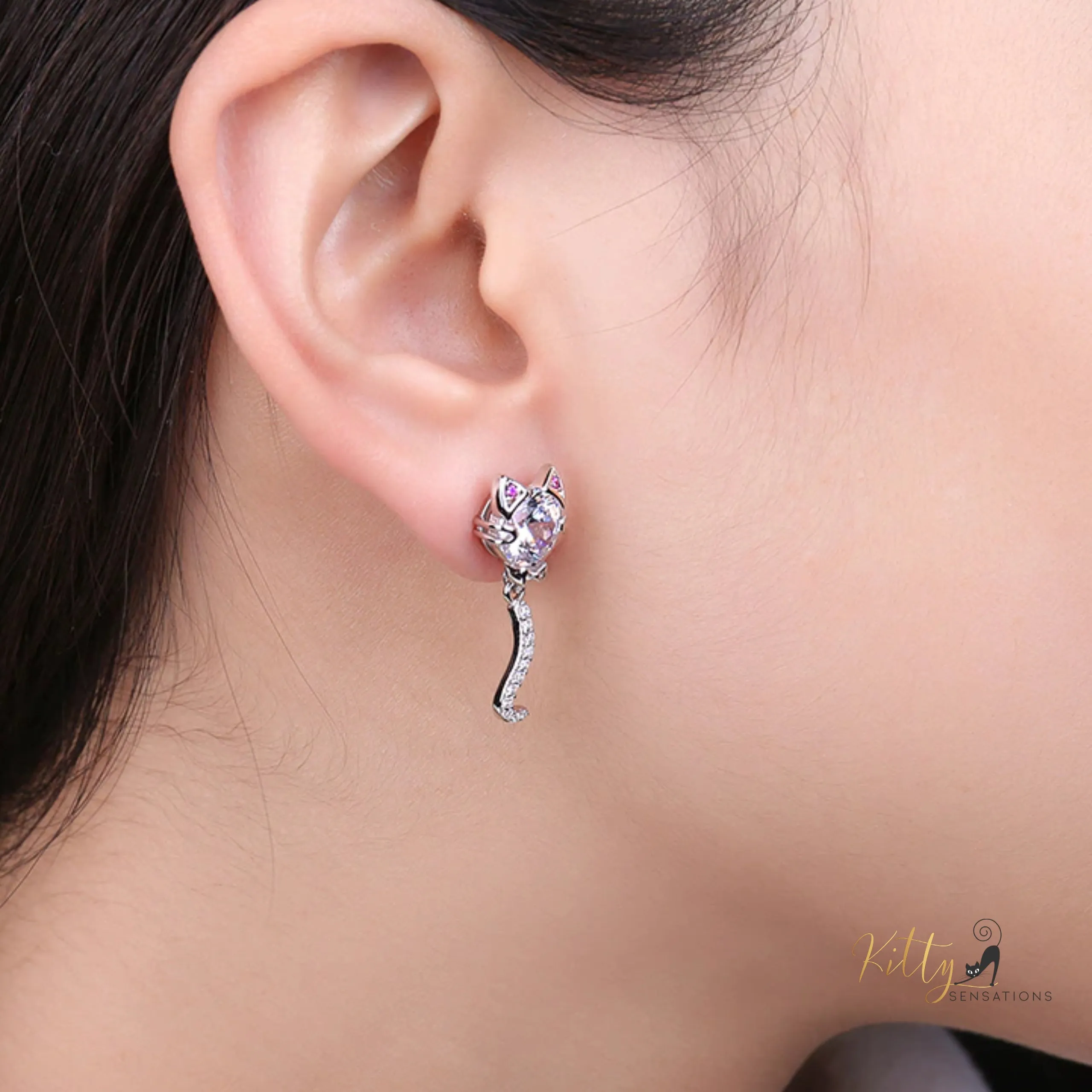 Classy Sparkling CZ Kitty Earrings (Fine Jewelry) in Solid 925 Sterling Silver