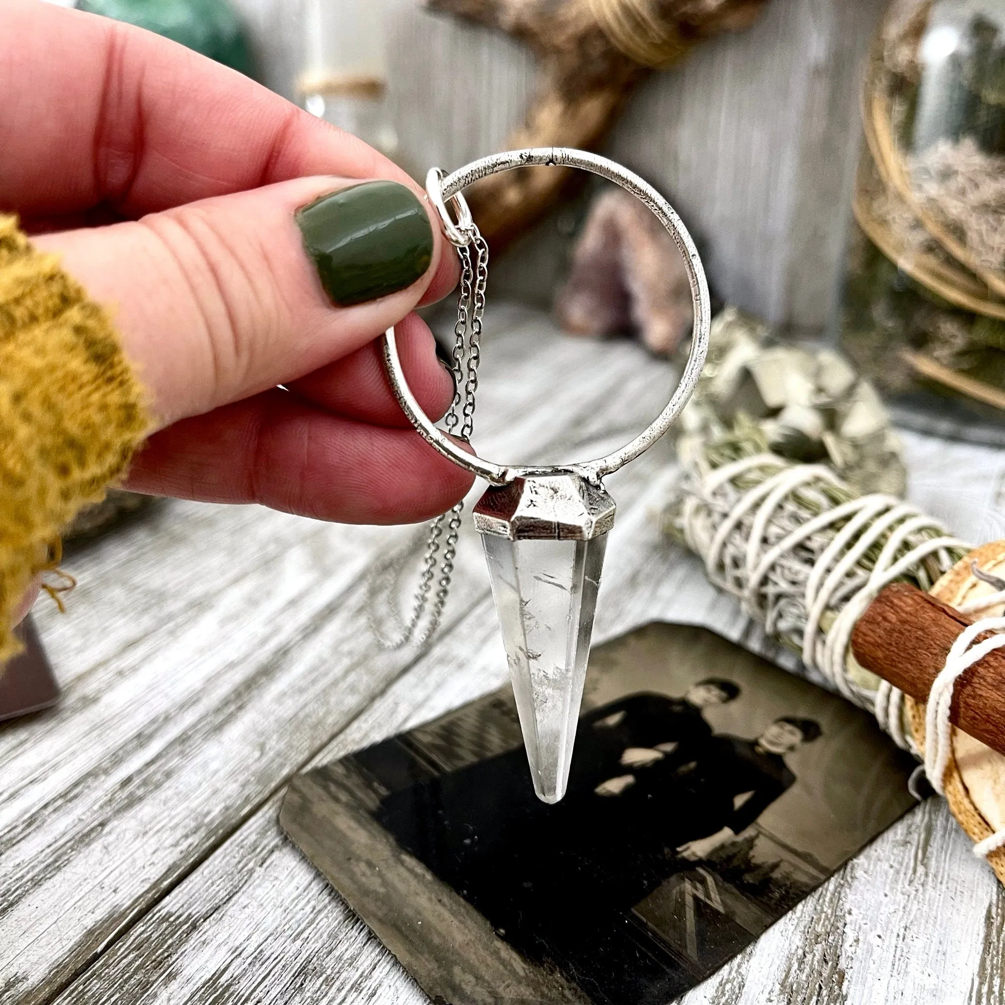 Clear Quartz Crystal Pendulum Necklace Pendant in Fine Silver  / Foxlark Collection