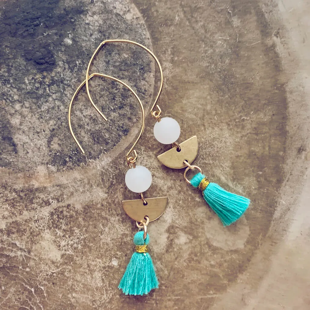 cosmos // frosted white jade, brass 1/2 moon & tassel earrings