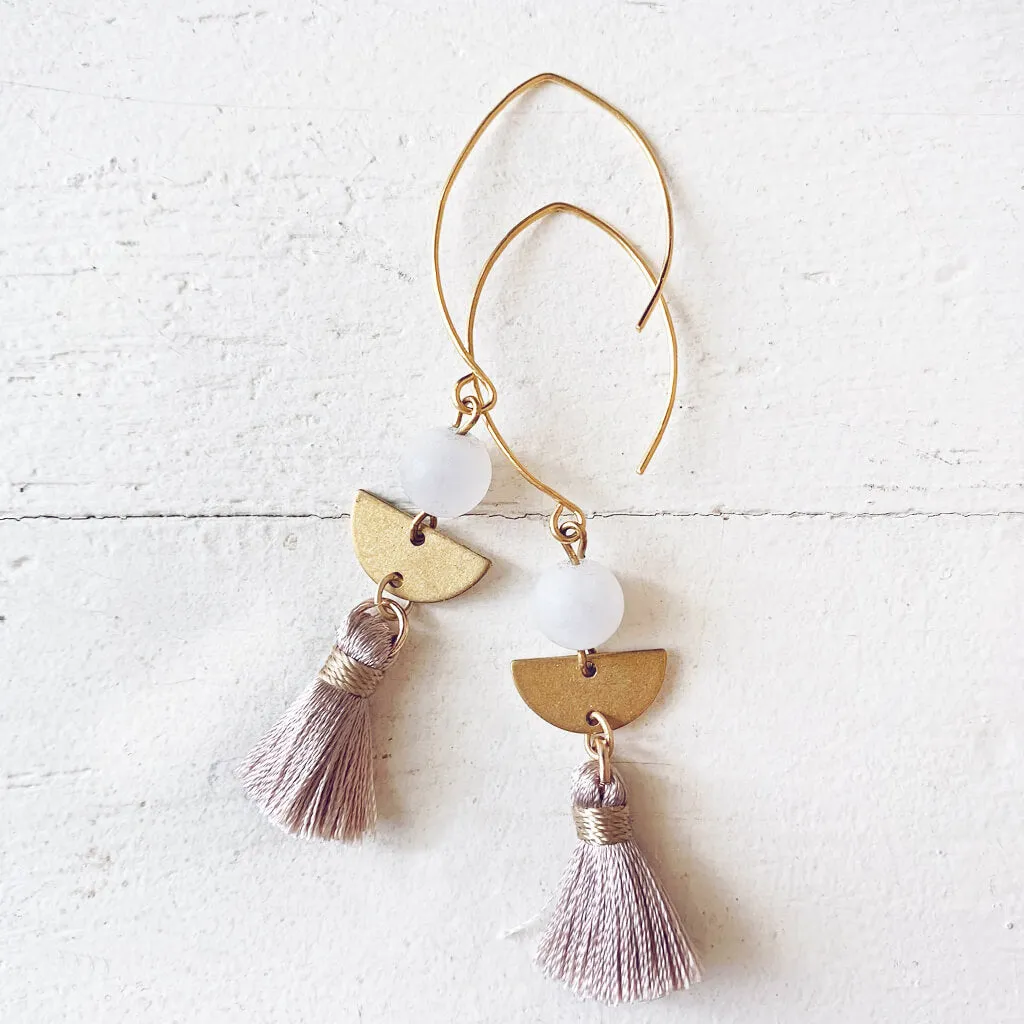 cosmos // frosted white jade, brass 1/2 moon & tassel earrings