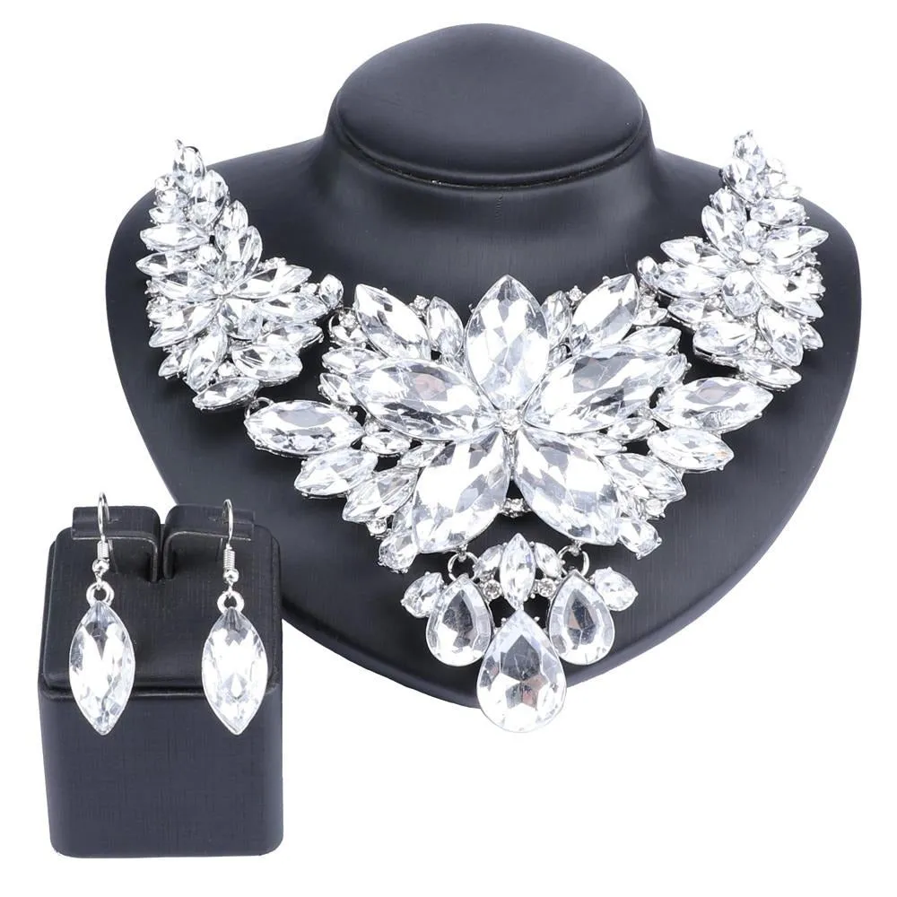 Crystal Flower and Rhinestone Necklace & Earrings Wedding Statement Jewelry Set