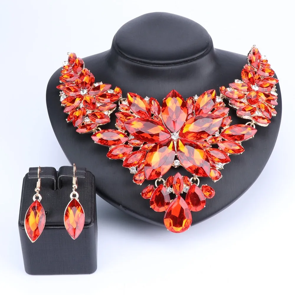 Crystal Flower and Rhinestone Necklace & Earrings Wedding Statement Jewelry Set