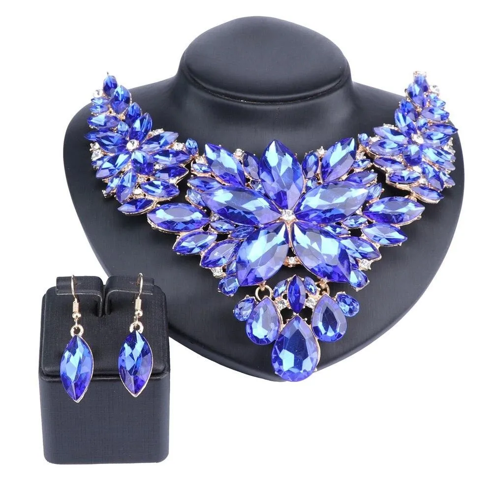 Crystal Flower and Rhinestone Necklace & Earrings Wedding Statement Jewelry Set