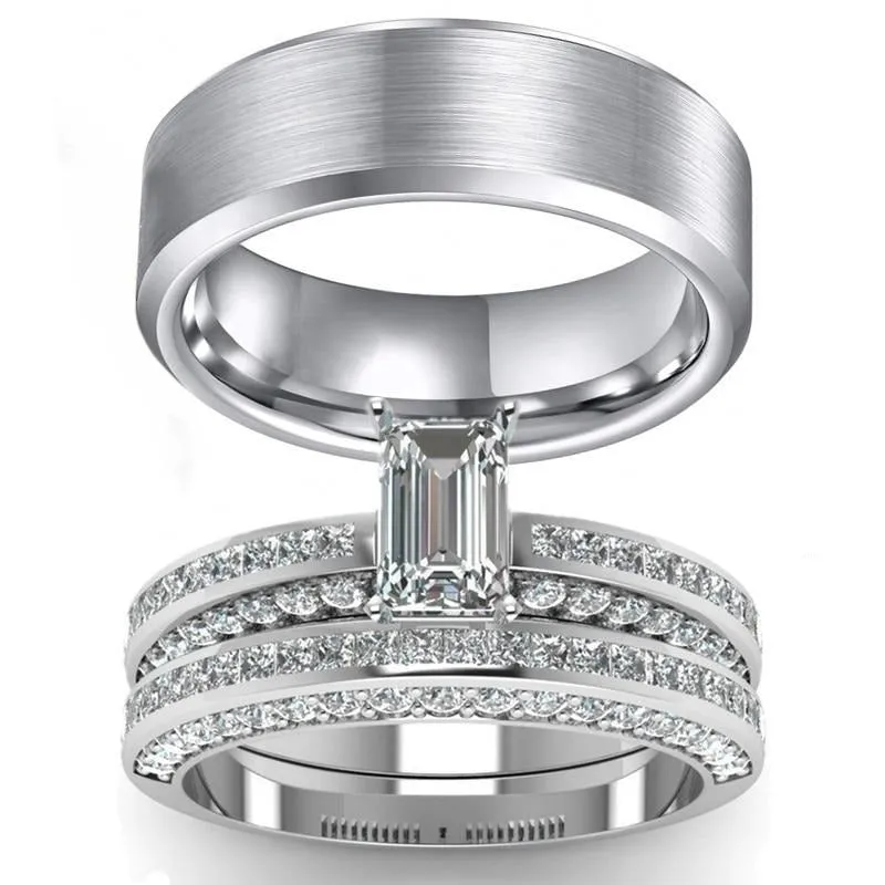 Cubic Zirconia and Plain Stainless Steel Wedding Ring Set