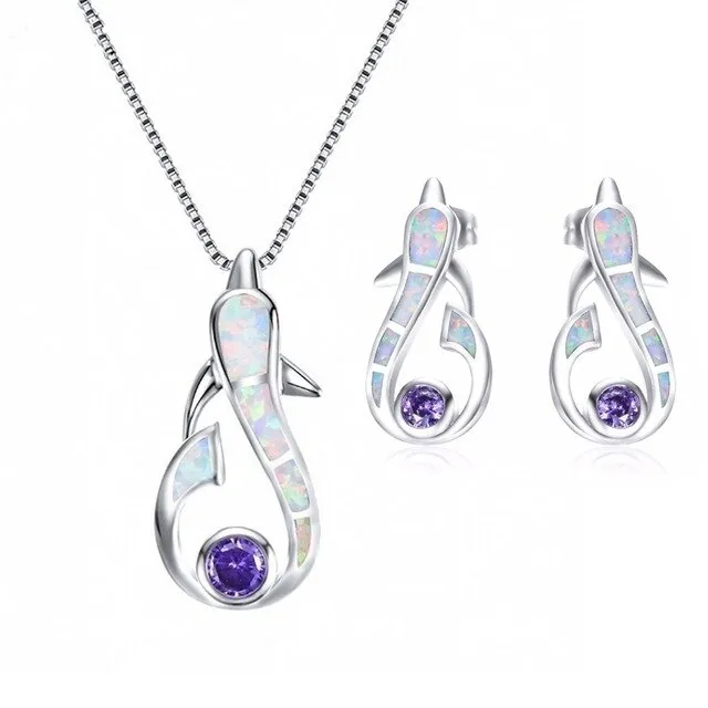 Cute Dolphin Fire Opal Necklace & Earrings Trendy Jewelry Set