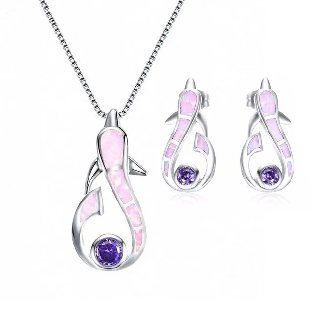 Cute Dolphin Fire Opal Necklace & Earrings Trendy Jewelry Set