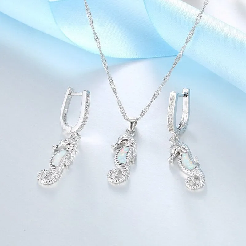 Cute Sea Horse Fire Opal Necklace & Earrings Classic Fashion Jewelry Set