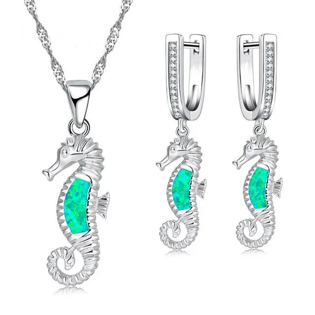 Cute Sea Horse Fire Opal Necklace & Earrings Classic Fashion Jewelry Set