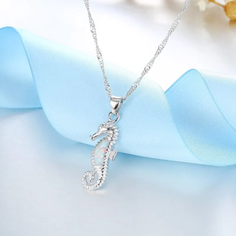 Cute Sea Horse Fire Opal Necklace & Earrings Classic Fashion Jewelry Set