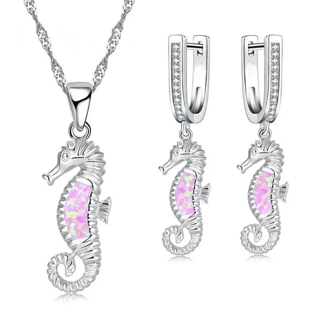 Cute Sea Horse Fire Opal Necklace & Earrings Classic Fashion Jewelry Set