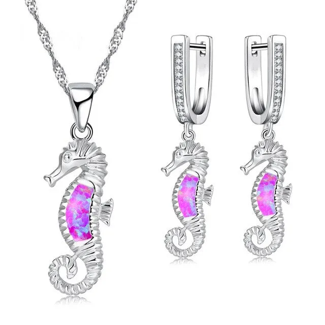 Cute Sea Horse Fire Opal Necklace & Earrings Classic Fashion Jewelry Set