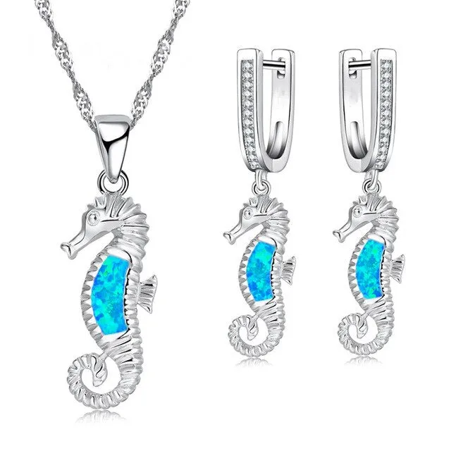 Cute Sea Horse Fire Opal Necklace & Earrings Classic Fashion Jewelry Set