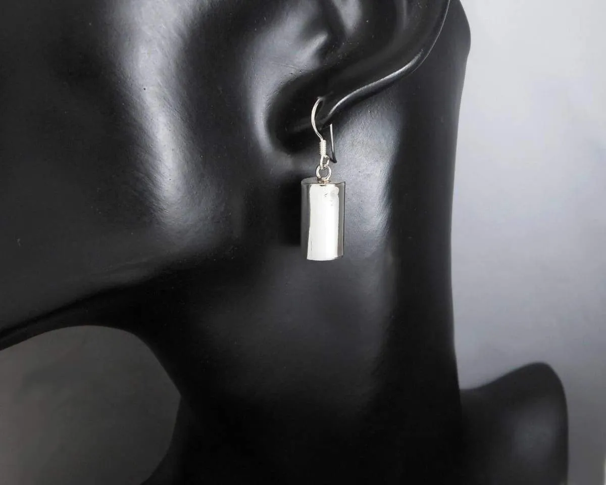 Cylinder Earrings Long 30mm In 925 Sterling Silver, Puffy Dangle Earrings