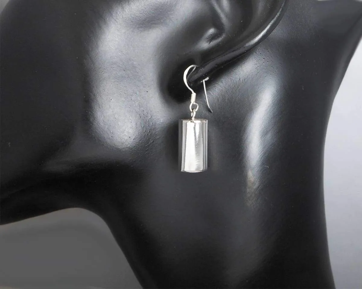 Cylinder Earrings Long 30mm In 925 Sterling Silver, Puffy Dangle Earrings