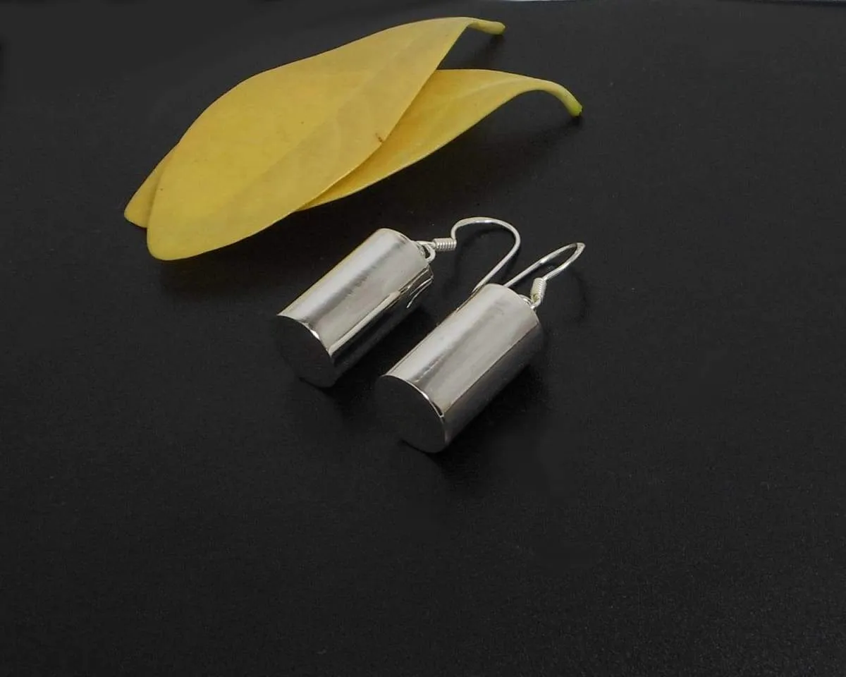 Cylinder Earrings Long 30mm In 925 Sterling Silver, Puffy Dangle Earrings