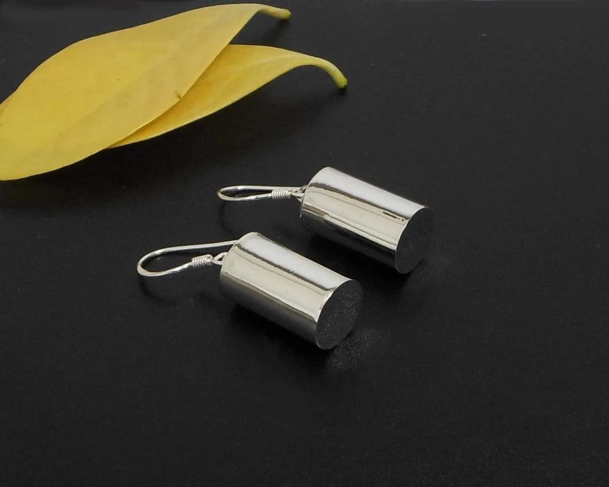 Cylinder Earrings Long 30mm In 925 Sterling Silver, Puffy Dangle Earrings