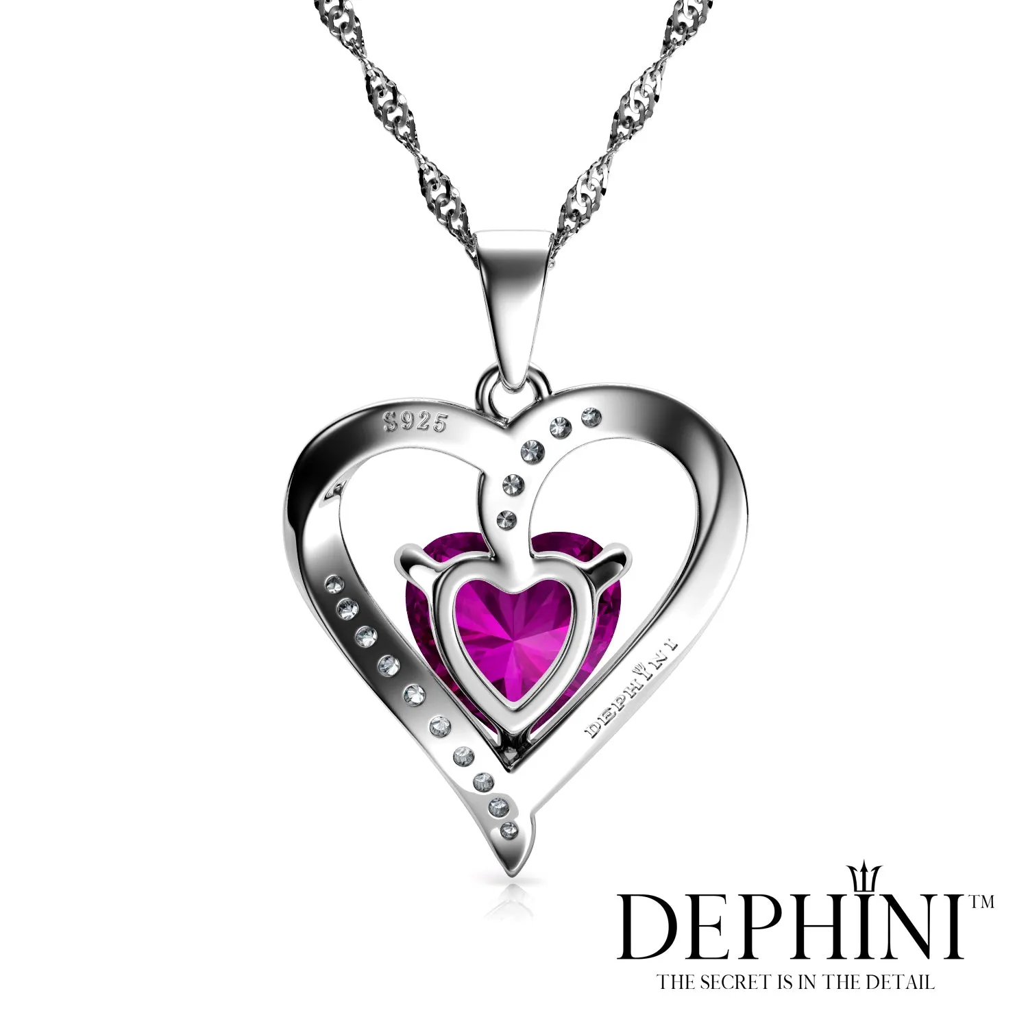 DEPHINI Pink Heart Necklace - 925 Sterling Silver Pendant CZ Crystal