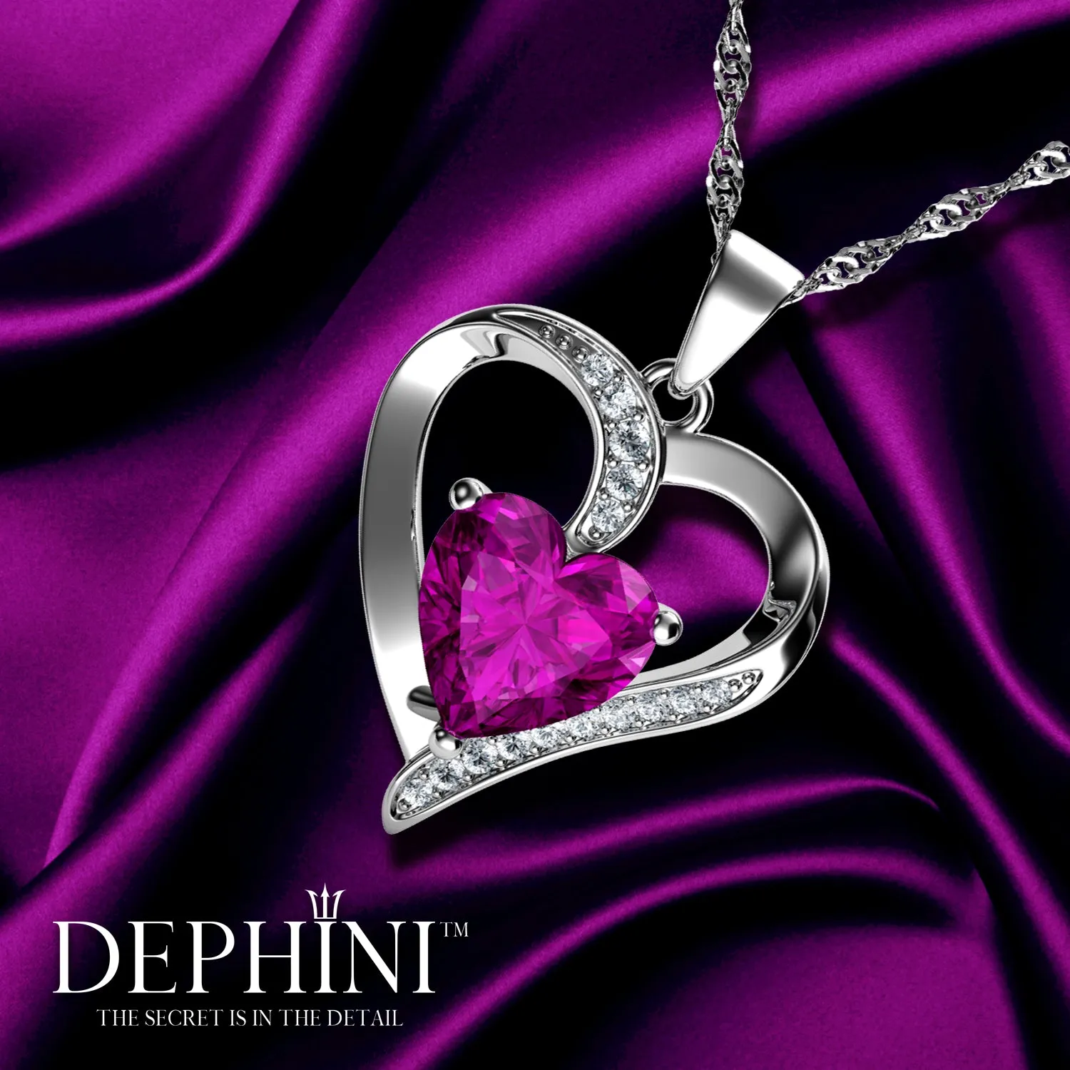 DEPHINI Pink Heart Necklace - 925 Sterling Silver Pendant CZ Crystal