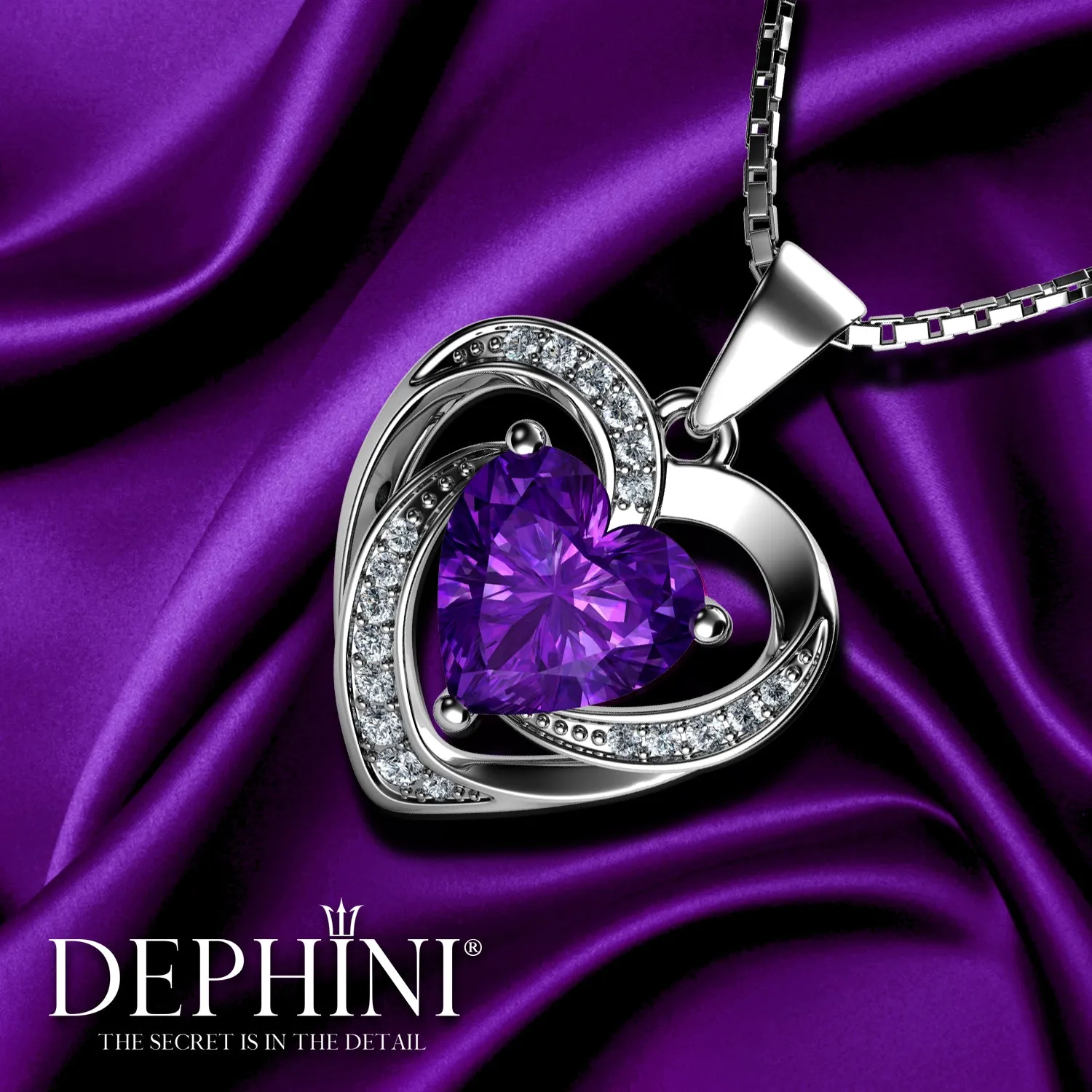 DEPHINI Purple Heart Pendant 925 Sterling Silver Heart Pendant CZ