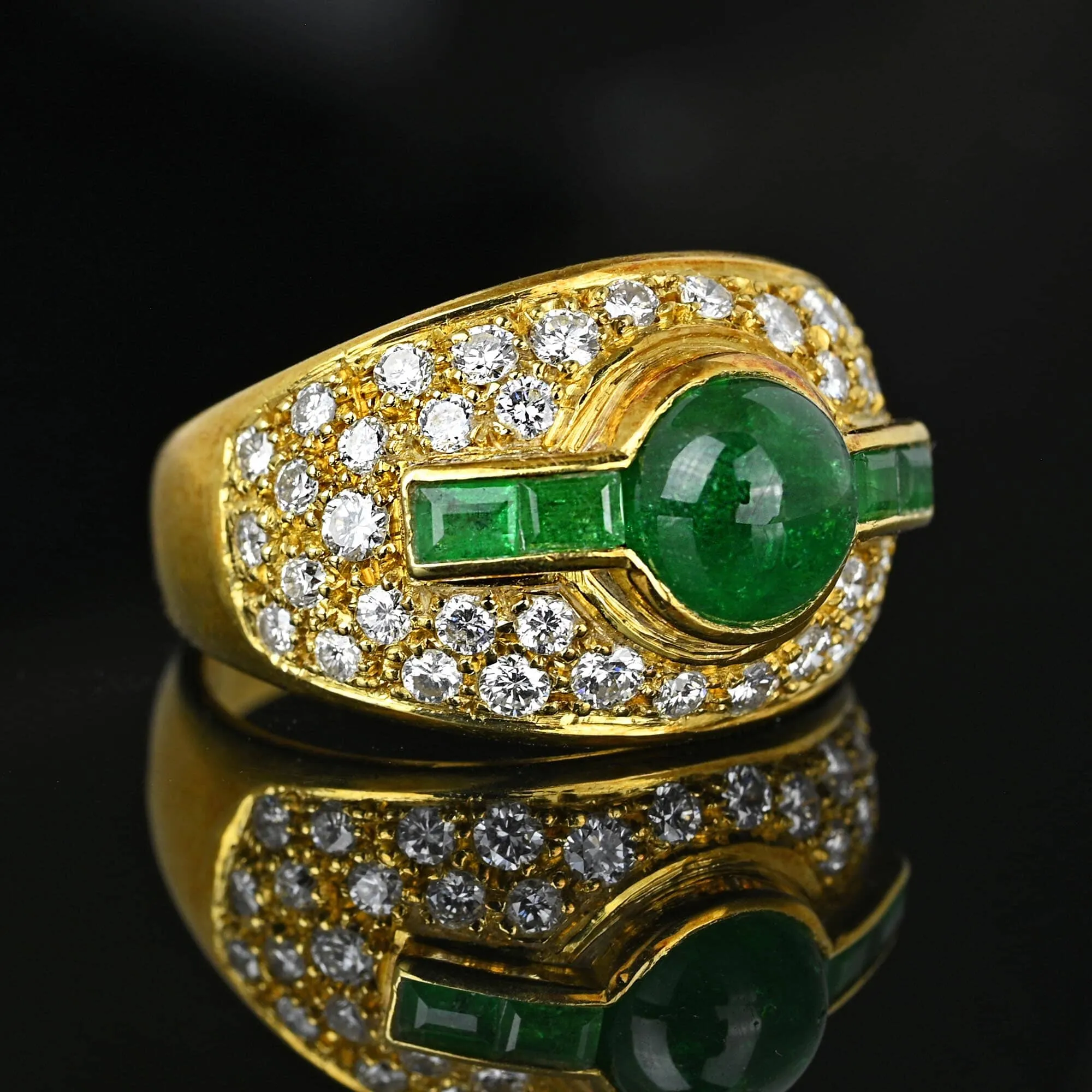 Diamond Cluster Columbian Emerald Dome Ring in 18K Gold