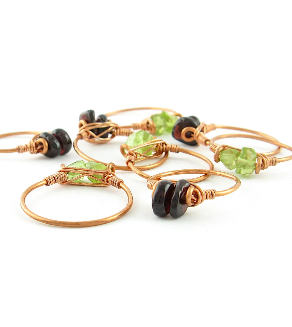 Double Gemstone Stackable Rings, Copper Wire-Wrapped, Handmade