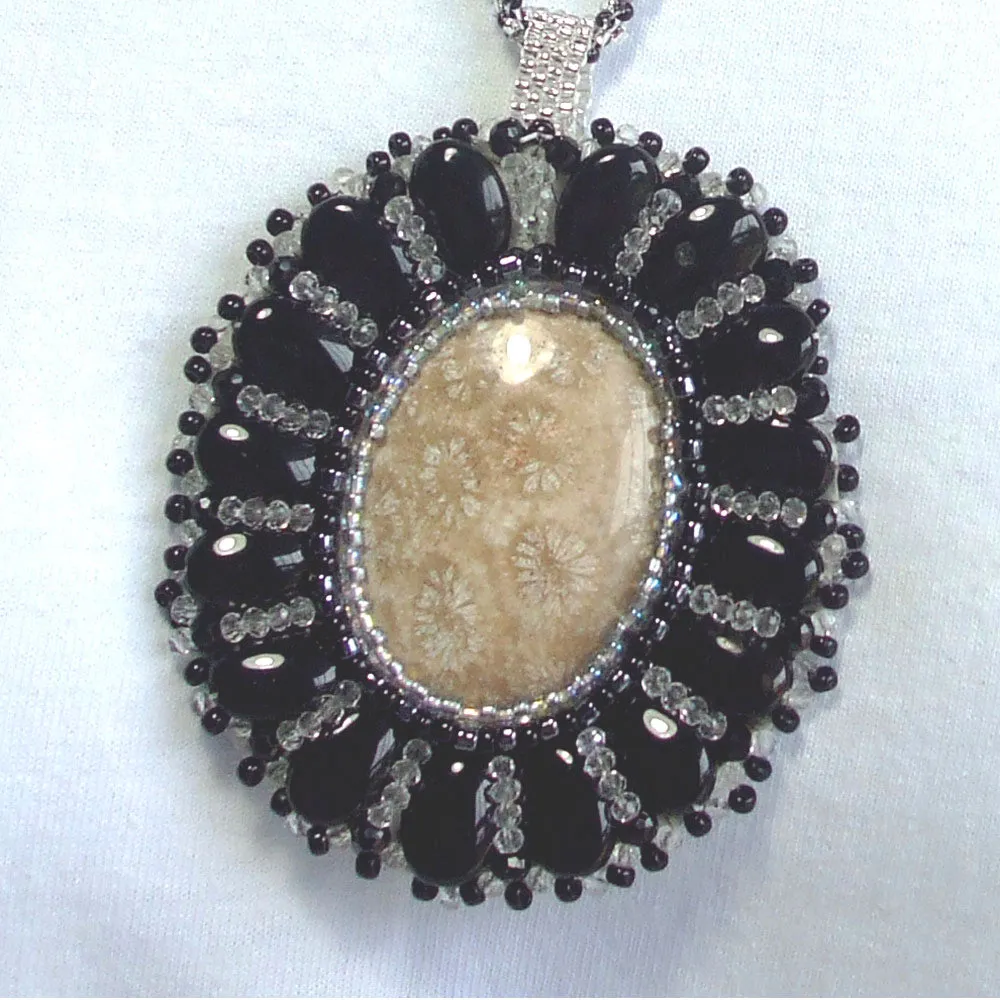 Eadda, Beaded Fossilized Coral Cabochon Pendant, Necklace