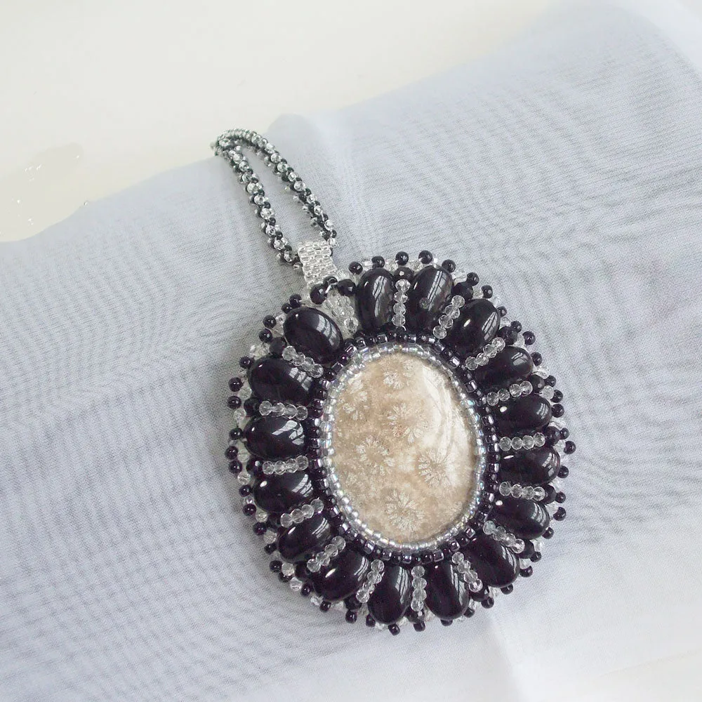 Eadda, Beaded Fossilized Coral Cabochon Pendant, Necklace