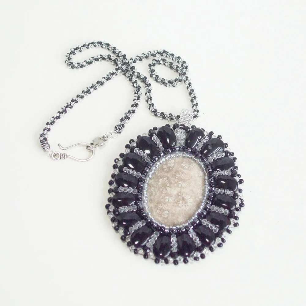 Eadda, Beaded Fossilized Coral Cabochon Pendant, Necklace