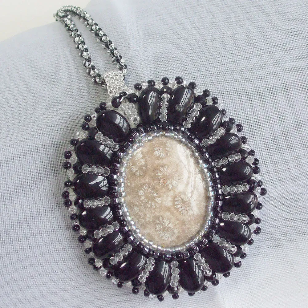 Eadda, Beaded Fossilized Coral Cabochon Pendant, Necklace