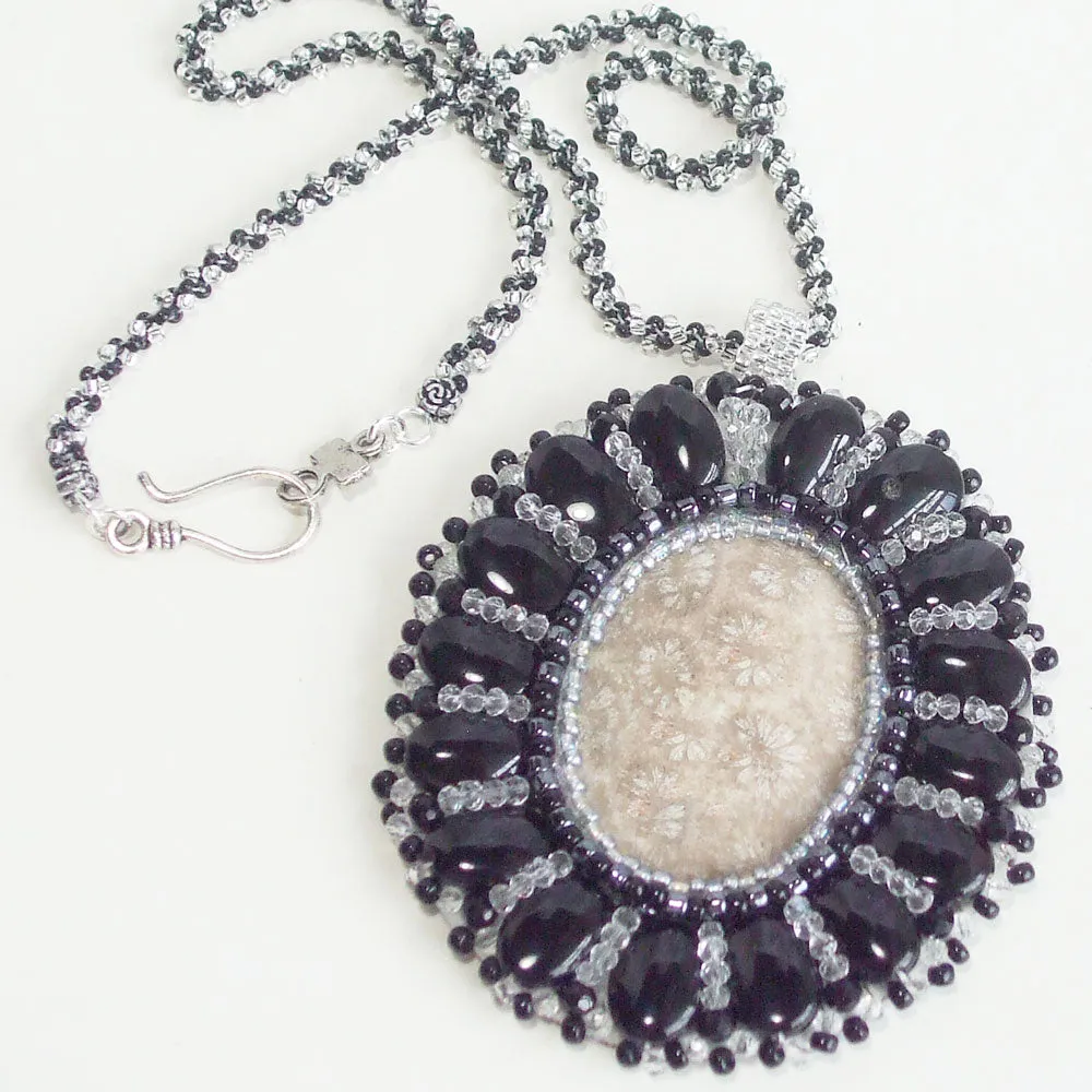 Eadda, Beaded Fossilized Coral Cabochon Pendant, Necklace