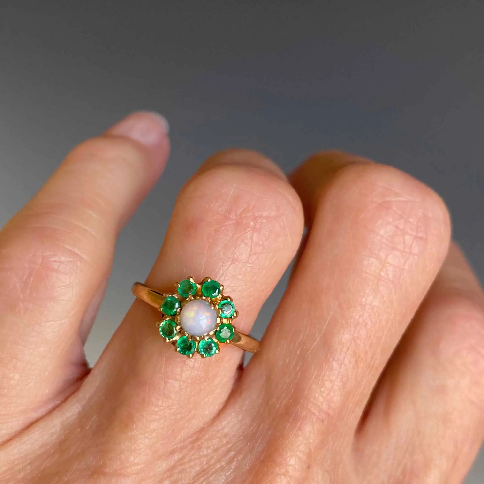 Edwardian Gold Emerald Halo Opal Ring