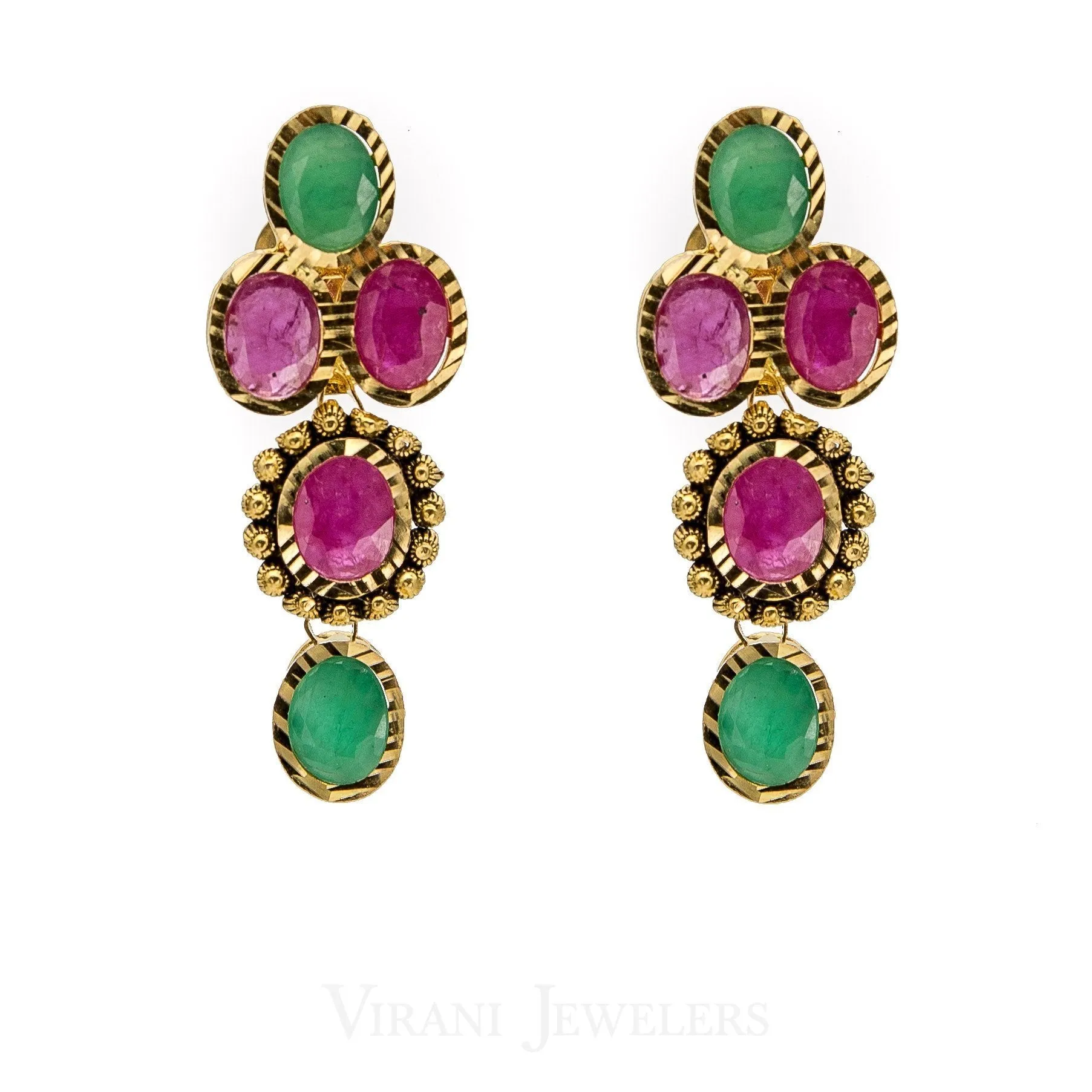 Emerald & Ruby Statement Necklace and Earrings Set in 22K Yellow Gold